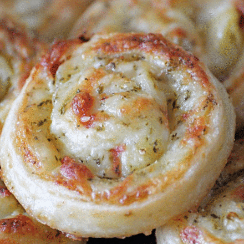 Freshly baked cheese and potato pinwheels on wooden board