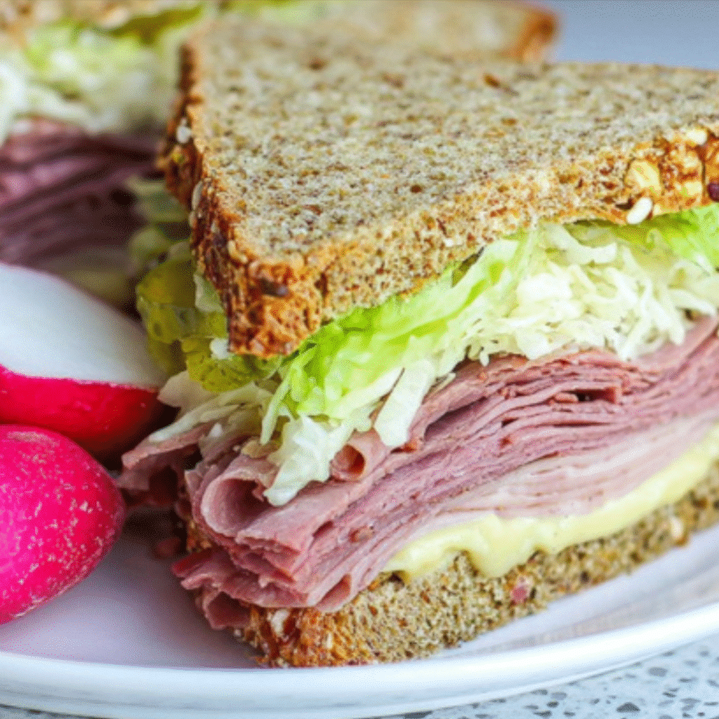 Keto sourdough sandwich with roast beef, lettuce, and sauerkraut on a white plate