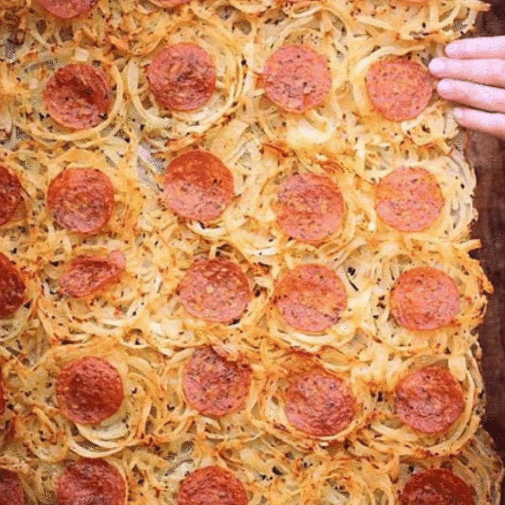 crispy onion cheese sheet pan with parmesan and salami