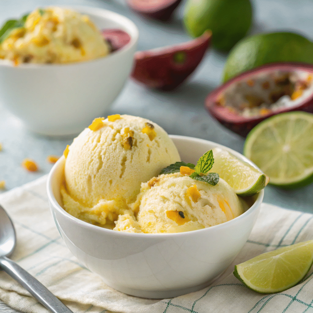 Creamy cottage cheese mango ice cream in bowl with tropical toppings