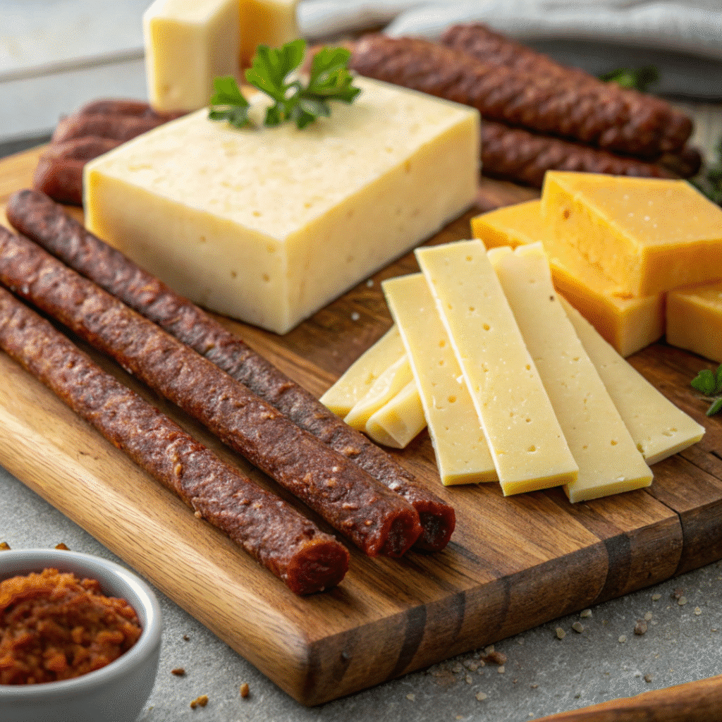 keto-friendly cheeses and meats on a charcuterie board