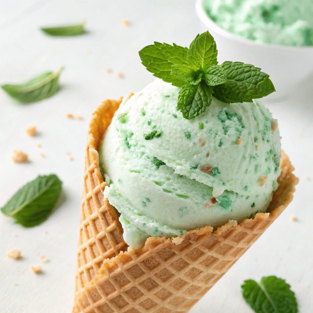 Cottage cheese mint ice cream in a cone with mint leaves