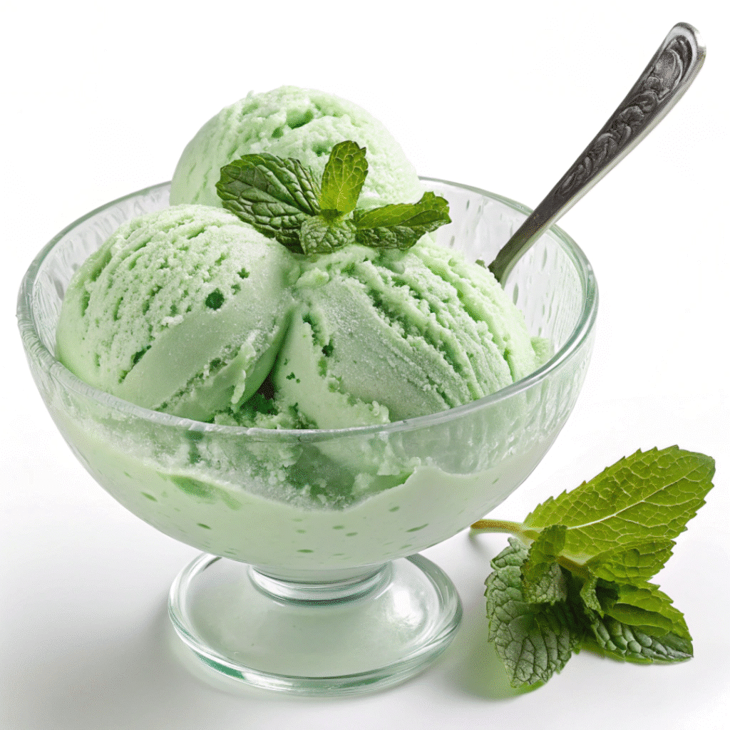 Scooping cottage cheese mint ice cream from bowl