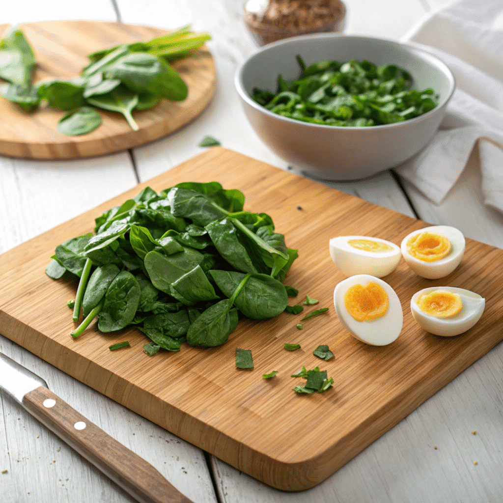 Fresh spinach and hard-boiled eggs on a board