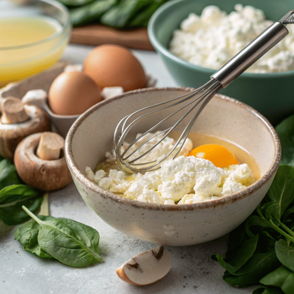 Whisking eggs with cottage cheese for an egg bake