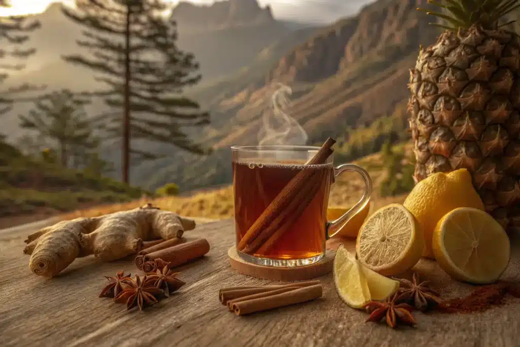 Costa Rican tea recipe measured ingredients arranged on wooden cutting board