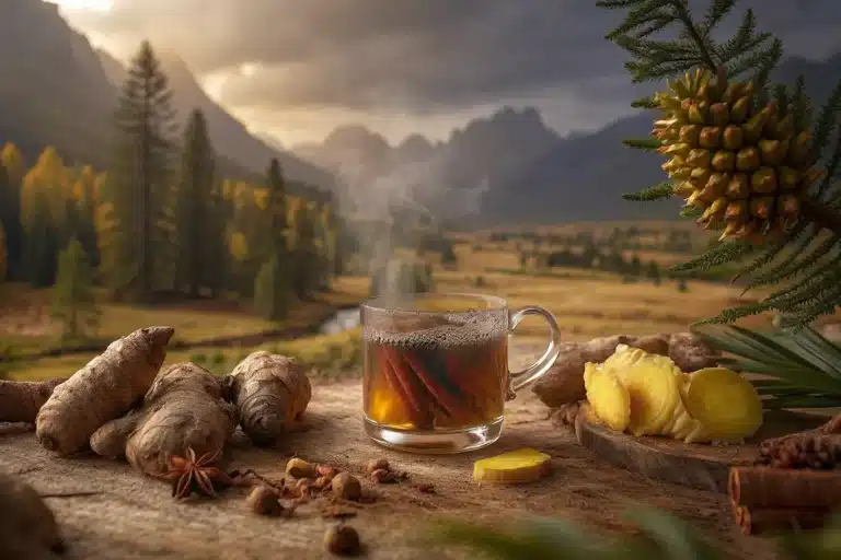 Costa Rican tea recipe ingredients including fresh ginger, lemongrass, hibiscus flowers, and cinnamon for natural weight loss